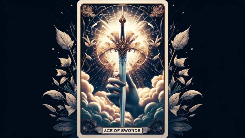 "The image depicts a tarot card titled 'Ace of Swords.' The card features a hand emerging from clouds, gripping a sword that points upwards. The sword is adorned with intricate designs, and a radiant light emanates from behind it, creating a halo effect. Surrounding the central image are ornate decorations and leaves, adding to the card's elaborate and mystical appearance. The background is dark, which contrasts with the bright and detailed elements of the card.