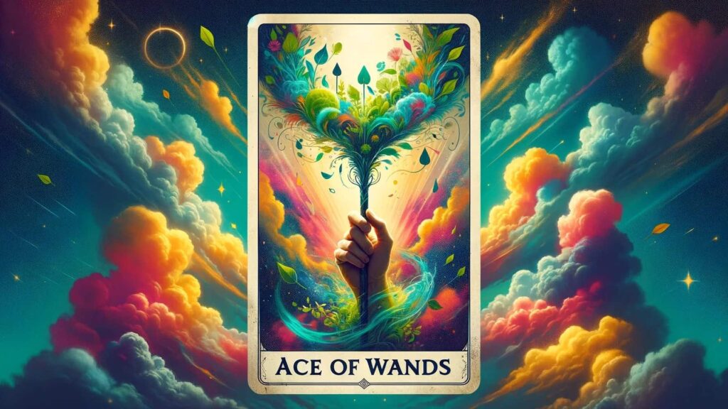 A tarot card titled 'Ace of Wands' is depicted in the center of the image. The card shows a hand emerging from a vibrant, colorful background of clouds and holding a wand that blooms into a lush, leafy explosion of colors and shapes. The background features a dreamy, celestial sky with swirling clouds in shades of blue, pink, and orange, and a partial solar eclipse. The overall scene is mystical and enchanting, suggesting themes of new beginnings, creativity, and inspiration.