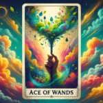 A tarot card titled 'Ace of Wands' is depicted in the center of the image. The card shows a hand emerging from a vibrant, colorful background of clouds and holding a wand that blooms into a lush, leafy explosion of colors and shapes. The background features a dreamy, celestial sky with swirling clouds in shades of blue, pink, and orange, and a partial solar eclipse. The overall scene is mystical and enchanting, suggesting themes of new beginnings, creativity, and inspiration.