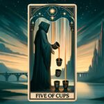 A tarot card illustration of the Five of Cups. The card depicts a hooded figure in a dark robe, standing and holding two cups, with liquid pouring out of them. Three more cups are on the ground, two of which are also spilling their contents. The background features a serene landscape with a bridge over a river and a distant castle under a starry night sky. The card is framed with an ornate border and labeled 'FIVE OF CUPS' at the bottom.