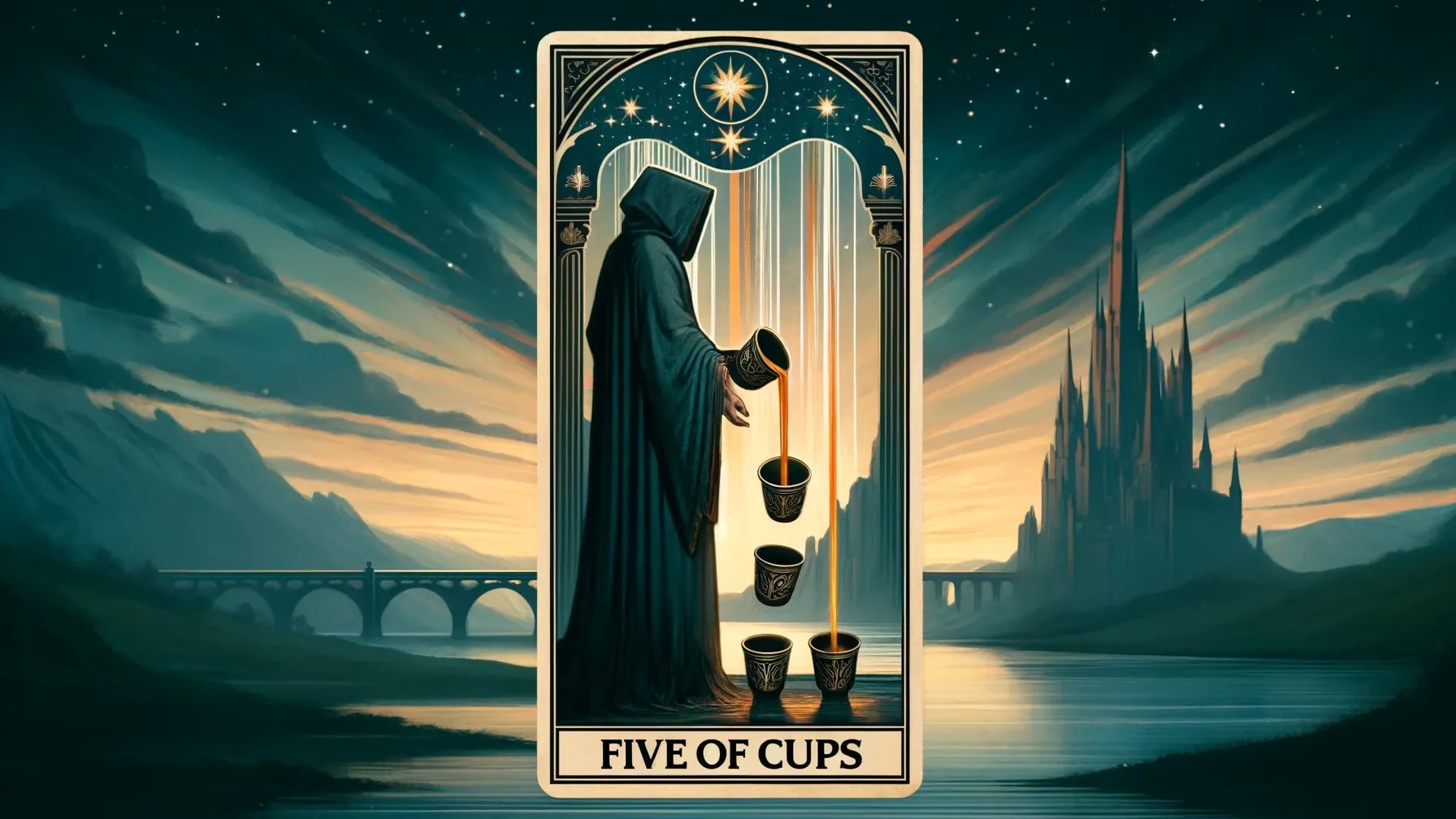 A tarot card illustration of the Five of Cups. The card depicts a hooded figure in a dark robe, standing and holding two cups, with liquid pouring out of them. Three more cups are on the ground, two of which are also spilling their contents. The background features a serene landscape with a bridge over a river and a distant castle under a starry night sky. The card is framed with an ornate border and labeled 'FIVE OF CUPS' at the bottom.