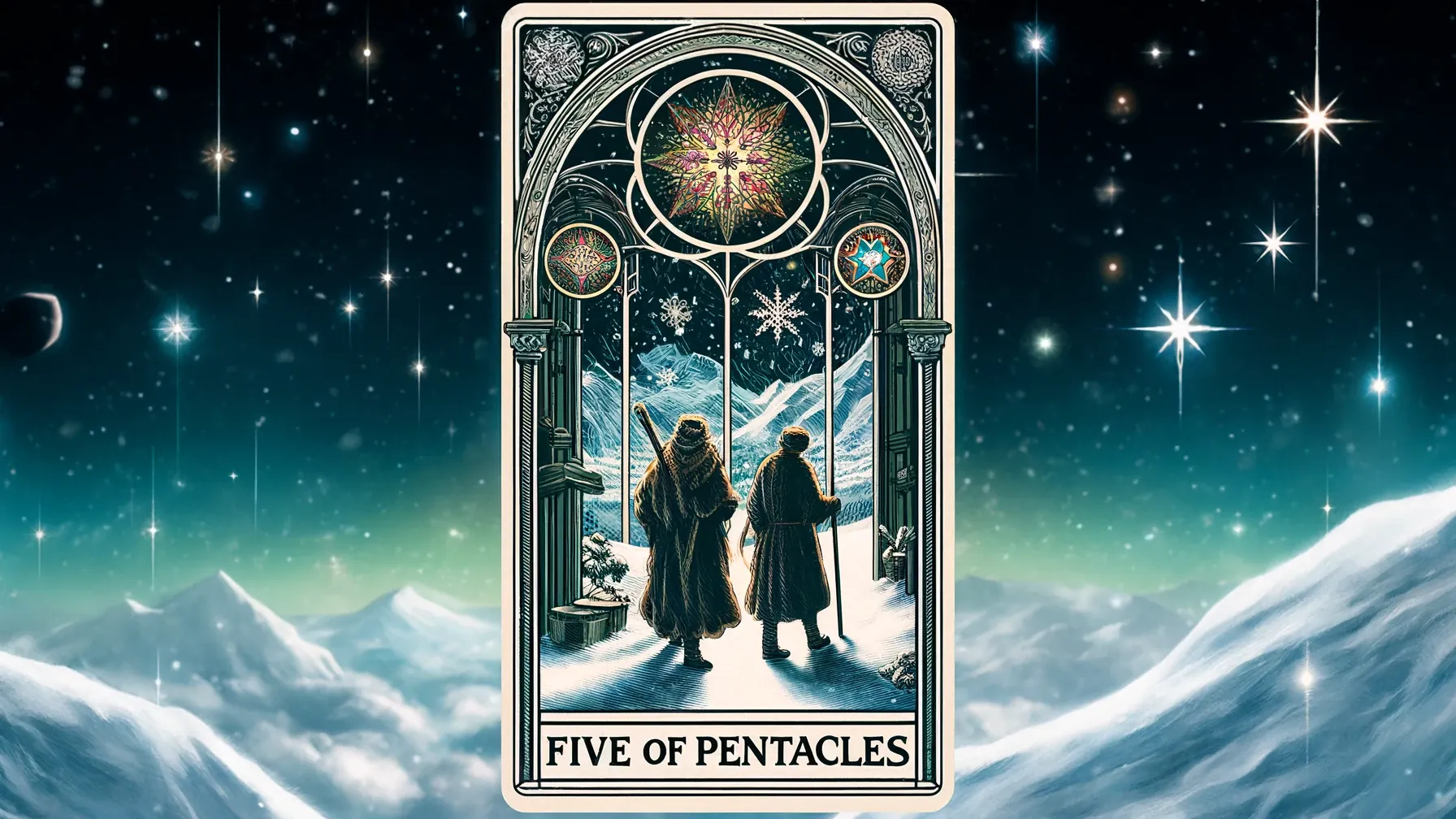 The image shows a tarot card titled 'Five of Pentacles.' The card depicts two figures dressed in heavy cloaks walking through a snowy landscape. They are framed by an ornate archway with intricate designs and stained glass pentacles. The background features a starry night sky with mountains and snowflakes. The card's title, 'FIVE OF PENTACLES,' is written at the bottom.