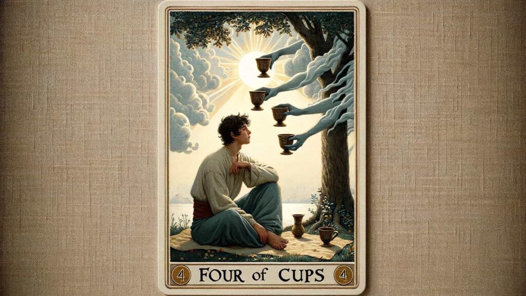 A tarot card titled 'Four of Cups' is depicted. The card shows a person sitting cross-legged under a tree, with three cups on the ground and a fourth cup being offered by a hand emerging from a cloud. The background features a bright sun with rays shining through clouds. The number 4 is displayed in each corner of the card.