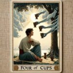 A tarot card titled 'Four of Cups' is depicted. The card shows a person sitting cross-legged under a tree, with three cups on the ground and a fourth cup being offered by a hand emerging from a cloud. The background features a bright sun with rays shining through clouds. The number 4 is displayed in each corner of the card.