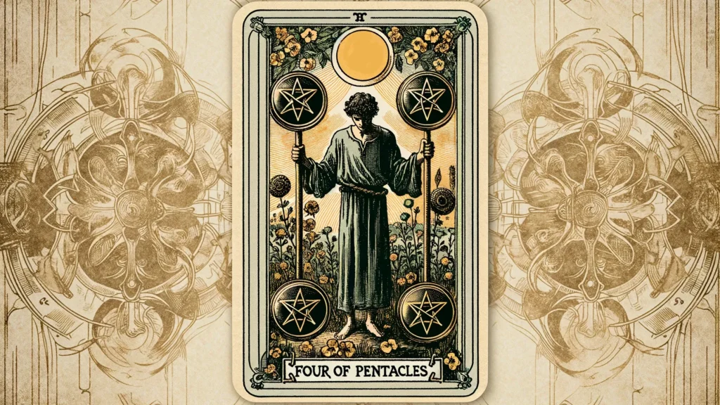 The image shows a tarot card titled 'Four of Pentacles.' The card features a figure standing barefoot in a garden, holding two pentacles on poles, with two more pentacles at the figure's feet. The background includes flowers and a large yellow circle at the top. The card is bordered with intricate floral designs and has the title 'FOUR OF PENTACLES' at the bottom.