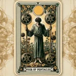 The image shows a tarot card titled 'Four of Pentacles.' The card features a figure standing barefoot in a garden, holding two pentacles on poles, with two more pentacles at the figure's feet. The background includes flowers and a large yellow circle at the top. The card is bordered with intricate floral designs and has the title 'FOUR OF PENTACLES' at the bottom.