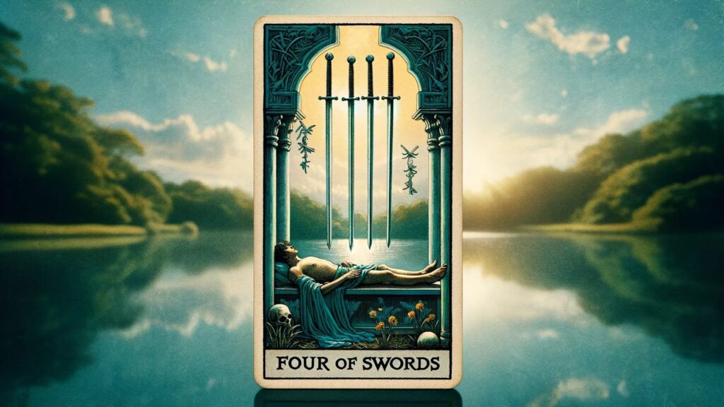 "Alt text: A tarot card titled 'Four of Swords' is depicted. The card shows a person lying down on a stone slab, appearing to be at rest or in a meditative state. Above the person, four swords are hanging vertically from an archway. The background features a serene landscape with a body of water and trees. The card is framed by an ornate arch with intricate designs. The bottom of the card has the text 'FOUR OF SWORDS.'