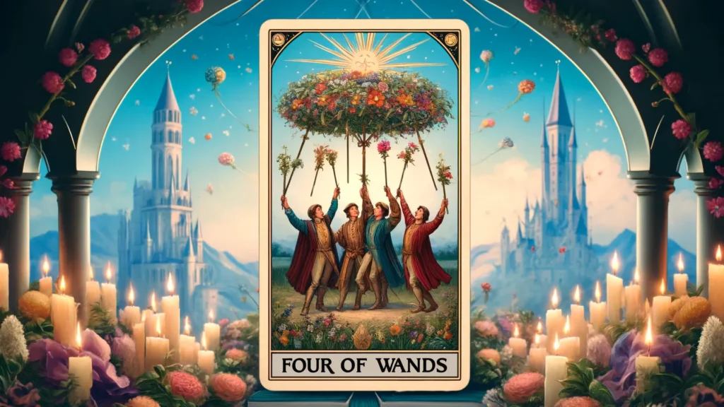 The image features a tarot card titled 'Four of Wands.' The card depicts four individuals dressed in medieval attire, each holding a wand adorned with flowers and greenery, raising them to support a large floral canopy. The background shows a picturesque scene with tall, castle-like towers, a clear blue sky, and floating flowers. The scene is framed by an archway decorated with flowers and surrounded by numerous lit candles and blooming flowers. The overall atmosphere is celebratory and festive