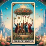 The image features a tarot card titled 'Four of Wands.' The card depicts four individuals dressed in medieval attire, each holding a wand adorned with flowers and greenery, raising them to support a large floral canopy. The background shows a picturesque scene with tall, castle-like towers, a clear blue sky, and floating flowers. The scene is framed by an archway decorated with flowers and surrounded by numerous lit candles and blooming flowers. The overall atmosphere is celebratory and festive