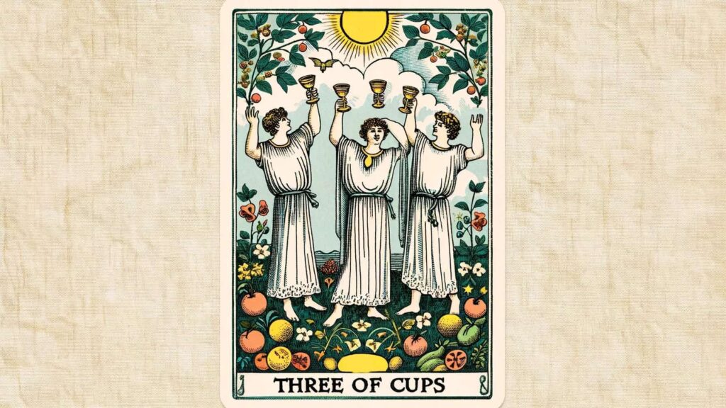 The image shows the 'Three of Cups' tarot card. The card features three figures dressed in flowing robes, standing in a circle and raising their cups in a toast. They are surrounded by lush greenery, flowers, and fruits, with a bright sun shining above them. The scene conveys a sense of celebration, friendship, and abundance.