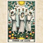 The image shows the 'Three of Cups' tarot card. The card features three figures dressed in flowing robes, standing in a circle and raising their cups in a toast. They are surrounded by lush greenery, flowers, and fruits, with a bright sun shining above them. The scene conveys a sense of celebration, friendship, and abundance.