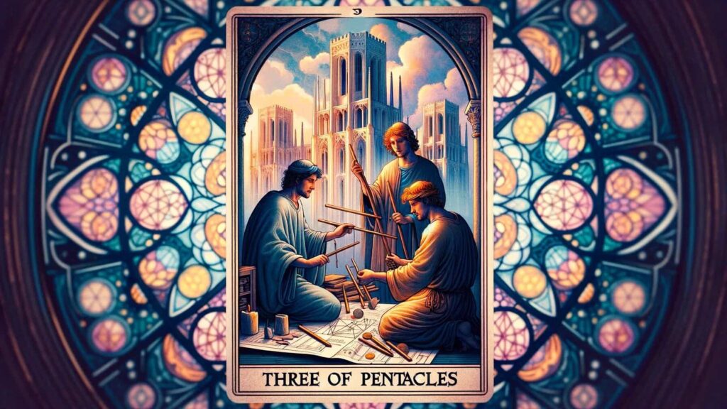 Three figures collaborate on a project in a tarot card titled 'Three of Pentacles.' They are surrounded by architectural plans and tools, with a grand cathedral-like structure in the background and an intricate stained glass window design.