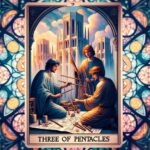 Three figures collaborate on a project in a tarot card titled 'Three of Pentacles.' They are surrounded by architectural plans and tools, with a grand cathedral-like structure in the background and an intricate stained glass window design.