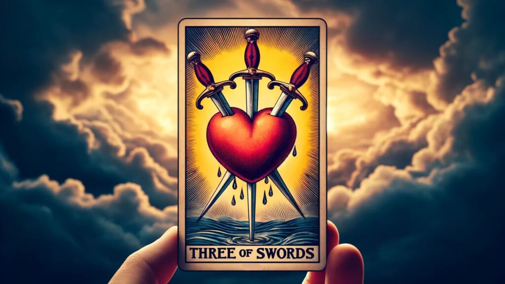 A tarot card depicting the Three of Swords, featuring a red heart pierced by three swords with droplets of blood. The background shows a stormy sky with dramatic clouds, illuminated by a golden glow. A hand holds the card in focus.