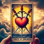 A tarot card depicting the Three of Swords, featuring a red heart pierced by three swords with droplets of blood. The background shows a stormy sky with dramatic clouds, illuminated by a golden glow. A hand holds the card in focus.