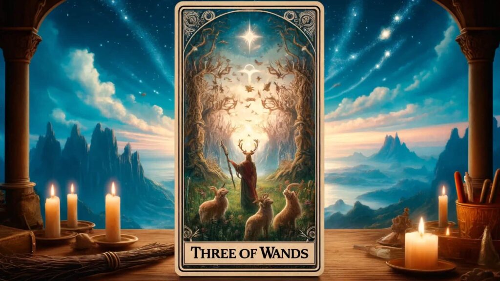 A tarot card titled 'Three of Wands' is displayed prominently in the center of the image. The card depicts a figure with antlers, holding a staff, standing in a forest clearing with three goats. Above the figure, a bright star shines in the sky, surrounded by birds and mystical symbols. The background features a serene landscape with mountains, a starry sky, and clouds. The scene is framed by two columns, with lit candles and various objects on a wooden table in the foreground.