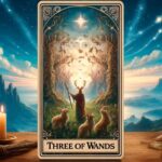 A tarot card titled 'Three of Wands' is displayed prominently in the center of the image. The card depicts a figure with antlers, holding a staff, standing in a forest clearing with three goats. Above the figure, a bright star shines in the sky, surrounded by birds and mystical symbols. The background features a serene landscape with mountains, a starry sky, and clouds. The scene is framed by two columns, with lit candles and various objects on a wooden table in the foreground.