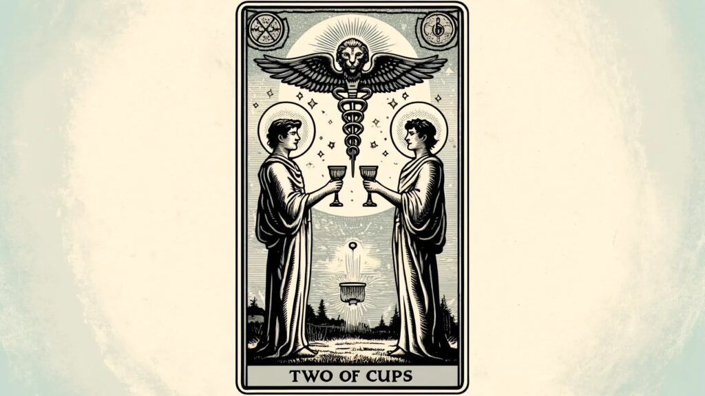 The image depicts the 'Two of Cups' tarot card. It shows two robed figures facing each other, each holding a cup. Above them is a caduceus symbol with a lion's head and wings. The background features a landscape with trees and a fountain below the caduceus. The top corners of the card have symbols, with a pentacle on the left and a musical note on the right. The bottom of the card has the text 'TWO OF CUPS.'