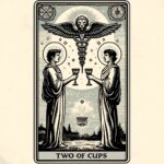 The image depicts the 'Two of Cups' tarot card. It shows two robed figures facing each other, each holding a cup. Above them is a caduceus symbol with a lion's head and wings. The background features a landscape with trees and a fountain below the caduceus. The top corners of the card have symbols, with a pentacle on the left and a musical note on the right. The bottom of the card has the text 'TWO OF CUPS.'