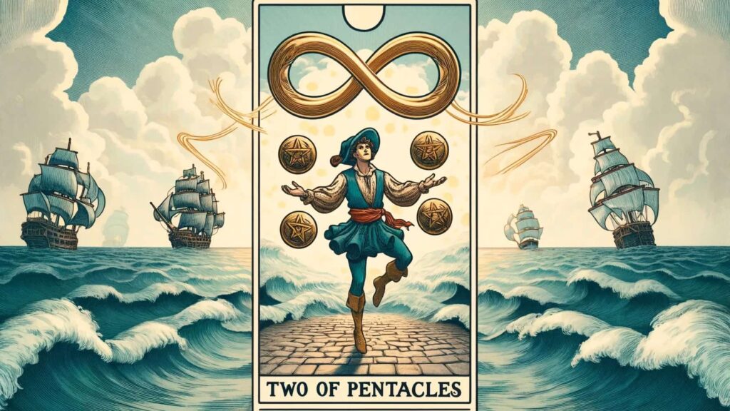 An illustration of the "Two of Pentacles" tarot card. The card features a figure dressed in blue and red, balancing on one foot while juggling two pentacles. Above the figure is an infinity symbol. The background shows a turbulent sea with two sailing ships navigating through the waves. The card's name, "Two of Pentacles," is written at the bottom.