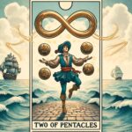 An illustration of the "Two of Pentacles" tarot card. The card features a figure dressed in blue and red, balancing on one foot while juggling two pentacles. Above the figure is an infinity symbol. The background shows a turbulent sea with two sailing ships navigating through the waves. The card's name, "Two of Pentacles," is written at the bottom.