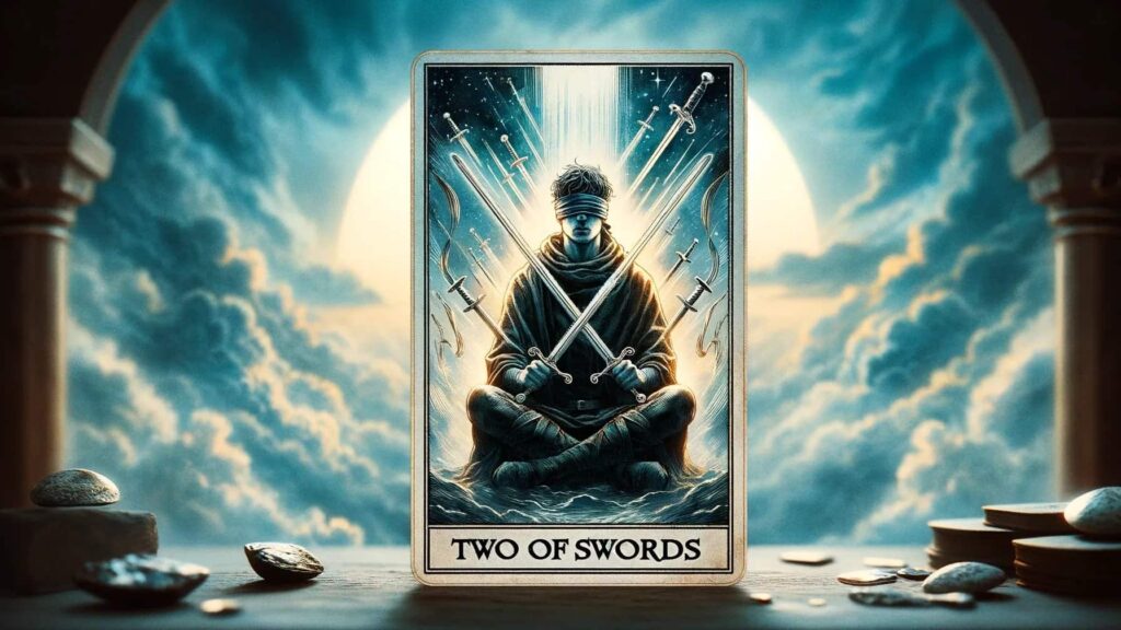 A tarot card titled "Two of Swords" is depicted in the center of the image. The card shows a figure sitting cross-legged, holding two swords crossed in front of the chest. The background features a dramatic sky with clouds and beams of light, creating a mystical atmosphere. The scene is framed by two columns, and there are stones and coins scattered on the surface in the foreground.