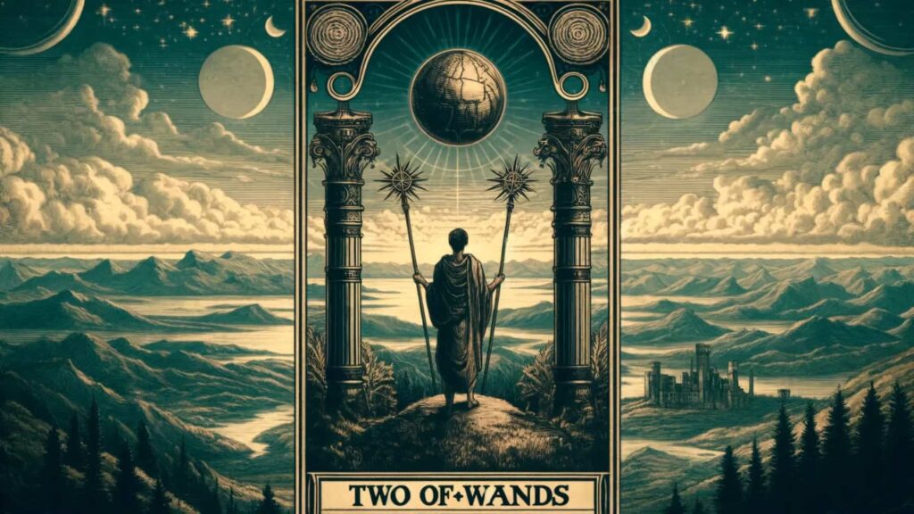 An illustration of the Two of Wands tarot card. The card depicts a figure standing between two ornate columns, holding a wand in each hand. The figure is looking out over a vast landscape of mountains and rivers, with a castle visible in the distance. Above the figure, a globe is suspended in the sky, surrounded by stars and celestial bodies. The card is framed with intricate designs and labeled 'TWO OF WANDS' at the bottom